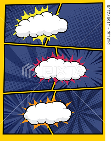 comic speech bubbles in white clouds on a vibrant pop art background 116972338