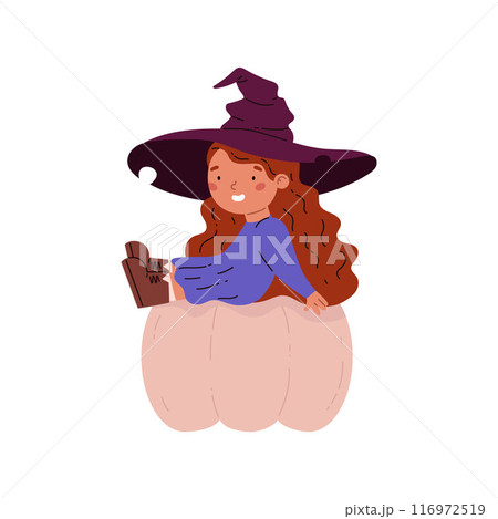Cute witch with red hair sitting on a pumpkin in flat style. Cute witch with red hair sitting on a pumpkin in flat style. 116972519