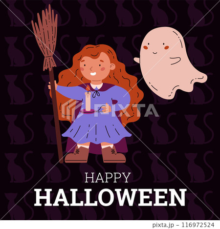 Cute Halloween poster with witch girl and ghost in flat style. Cute Halloween poster with witch girl and ghost in flat style. 116972524