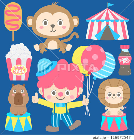 Cute circus carnival animals and snack cartoon illustration 116972547
