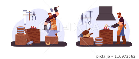 A medieval blacksmith at work, forging and heating iron. 116972562
