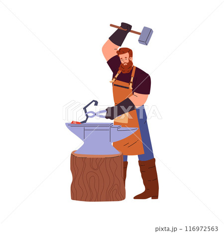 Bearded blacksmith with hammer and anvil in flat vector style. 116972563