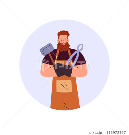 Medieval blacksmith in an apron with a hammer and tongs in a round frame. 116972567