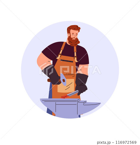 Vector graphics depicting a blacksmith working with a hammer with hot metal on a anvil 116972569