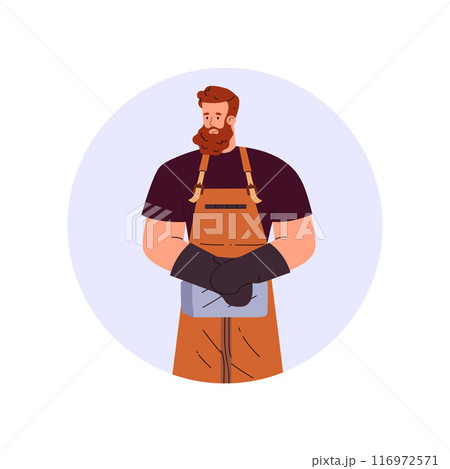 Blacksmith man, vector cartoon professional farrier worker character in leather apron gloves, medieval smith craftsman 116972571