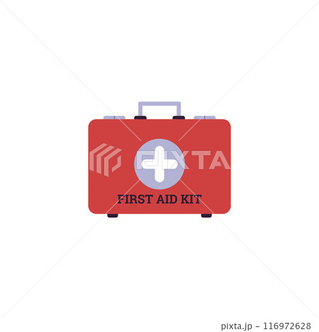 Vector illustration a red first aid kit with a cross symbol on a white background Vector illustration a red first aid kit with a cross symbol on a white background 116972628