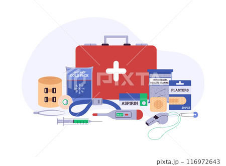 Vector illustration of a first aid kit with medicines. Flat style. 116972643