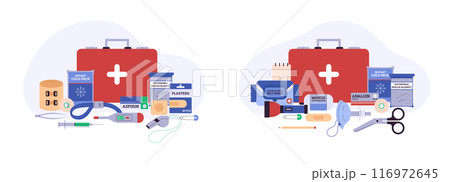 Vector set of two illustrations of a first aid kit with medicines. 116972645