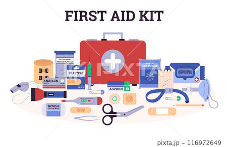First aid kit with necessary medications vector illustration. First aid kit with necessary medications vector illustration. 116972649