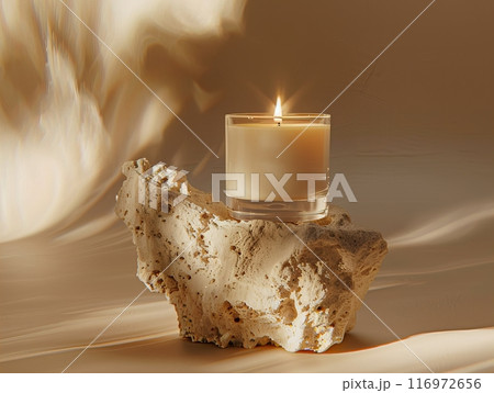 Candle mockup, An Elegant Candle Set on a Beautiful Natural Coral Base Illuminated by Soft, Warm Lighting Candle mockup, An Elegant Candle Set on a Beautiful Natural Coral Base Illuminated by Soft, Warm Lighting 116972656