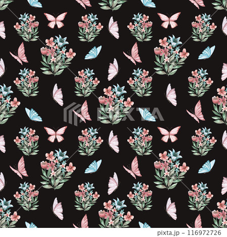 Fairytale butterflies and wild flowers in a seamless pattern on a black background in a watercolor illustration. Illustration for children's rooms, packaging, printing on fabric. 116972726