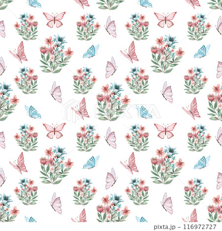 Fairytale butterflies and wild flowers in a seamless pattern on a white background in a watercolor illustration. Illustration for children's rooms, packaging, printing on fabric. 116972727