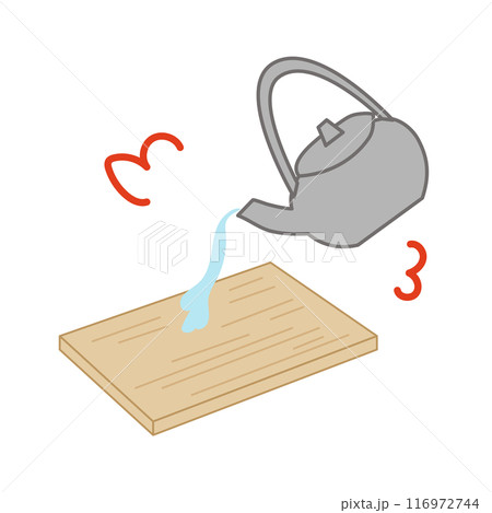 木製のまな板にやかんで熱湯をかけて殺菌しているイラスト 木製のまな板にやかんで熱湯をかけて殺菌しているイラスト 116972744