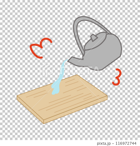 木製のまな板にやかんで熱湯をかけて殺菌しているイラスト 木製のまな板にやかんで熱湯をかけて殺菌しているイラスト 116972744