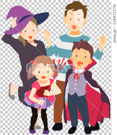 穿著休閒輕便萬聖節服裝的家庭插圖集 116972778