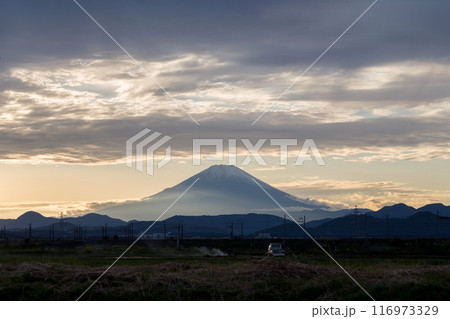 霞みがかった夕暮れ時の富士山。神奈川県平塚市 116973329