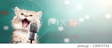 Happy cat singing into a microphone, 116973718