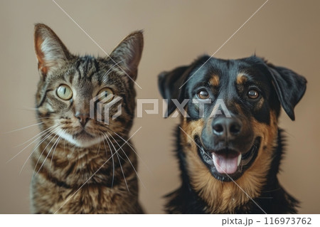 An adorable duo comprising a charming cat and a playful dog are positioned against a neutral background setting 116973762