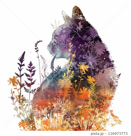 A Beautiful and Colorful Cat Silhouette Elegantly Surrounded by Gorgeous and Vibrant Floral Elements in Nature 116973773