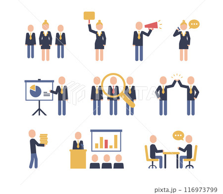 Business people icon pictograms. Leadership training, meeting and corporate career. Modern simple style pictogram concept. Blue color characters set. Simple material design for web and website. Business people icon pictograms. Leadership training, meeting and corporate career. Modern simple style pictogram concept. Blue color characters set. Simple material design for web and website. 116973799