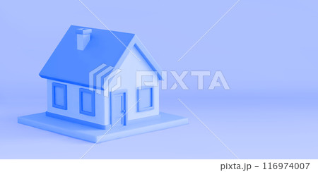 3d cute cartoon house in blue color in minimal style with space for text. Concept for real estate business, mortgage or rental housing. Render of house exterior. Vector illustration of 3d home. 116974007