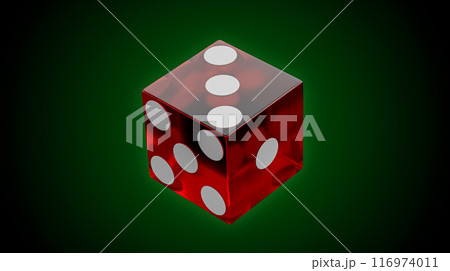 3d render of translucent red die with white pips sits on a green surface 116974011