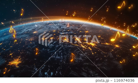 Earth Globe with musical notes around 116974036