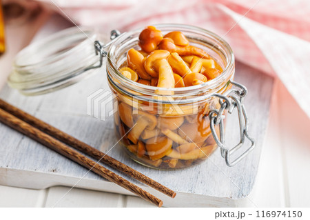 Pickled nameko mushrooms.Traditional japanese mushrooms in jar on white table. 116974150