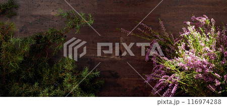 Blooming heather and juniper branch with berries on a wooden background. Blooming heather and juniper branch with berries on a wooden background. 116974288