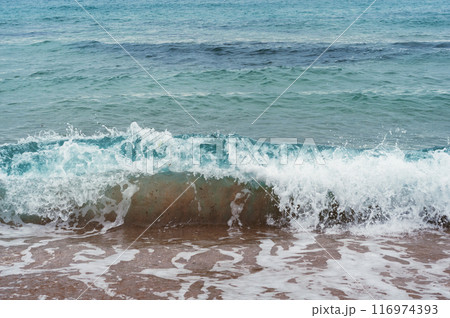 Crystal-clear turquoise waves gently break on the shore 116974393