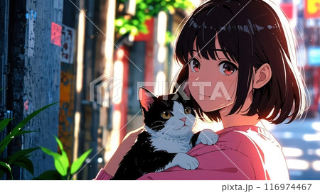 猫と女の子のアニメ風イラスト,Generative AI AI画像のイラスト素材
