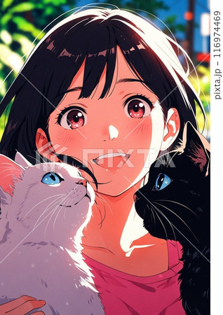 猫と女の子のアニメ風イラスト,Generative AI AI画像のイラスト素材