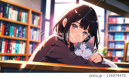 猫と女の子のアニメ風イラスト,Generative AI AI画像のイラスト素材