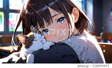 猫と女の子のアニメ風イラスト,Generative AI AI画像 116974475