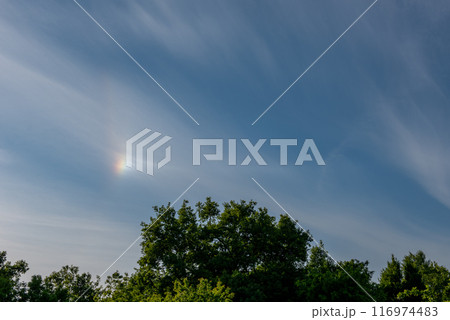 atmospheric optical phenomena. Iridescent clouds with blue sky 116974483