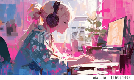 音楽を聴きながらデスクワークする女の子のイラスト,Generative AI AI画像 116974498