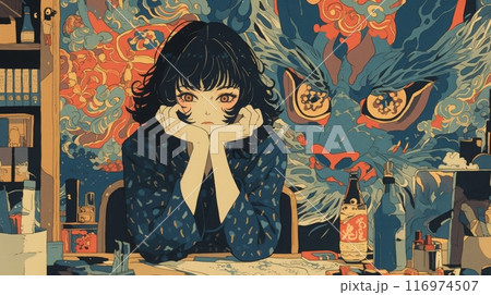頬杖をついてデスクワークをする女の子イラスト,Generative AI AI画像 116974507