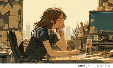頬杖をついてデスクワークをする女の子イラスト,Generative AI AI画像 116974509