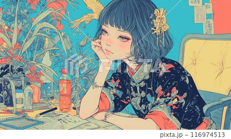 頬杖をついてデスクワークをする女の子イラスト,Generative AI AI画像 116974513