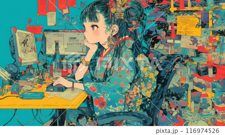 和服でデスクワークをするかわいい女の子,Generative AI AI画像 116974526