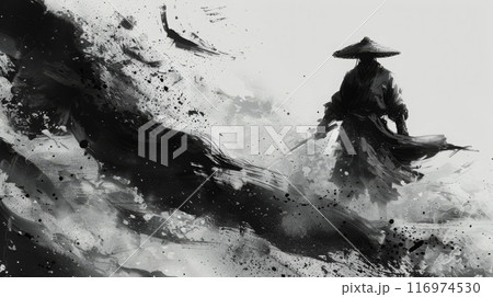 墨絵で描いた侍の立ち姿,Generative AI AI画像 116974530