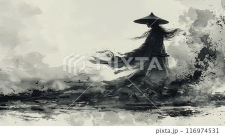 墨絵で描いた侍の立ち姿,Generative AI AI画像 116974531