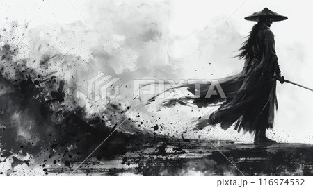 墨絵で描いた侍の立ち姿,Generative AI AI画像 116974532