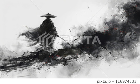 墨絵で描いた侍の立ち姿,Generative AI AI画像 116974533