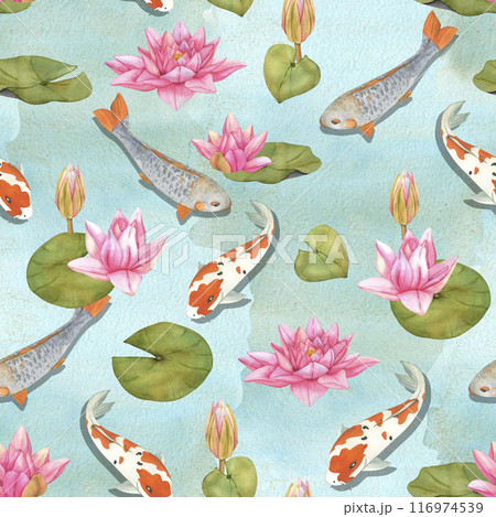 Watercolor koi carps and lotus flowers illustration. Seamless natural pattern. Hand drawn Asian oriental background with rainbow fishes 116974539