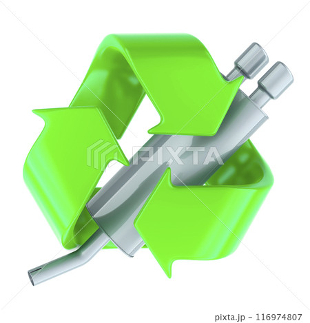 Recycling of Car Exhaust Pipes, concept. Car muffler, exhaust silencer with recycle symbol. 3D rendering Recycling of Car Exhaust Pipes, concept. Car muffler, exhaust silencer with recycle symbol. 3D rendering 116974807