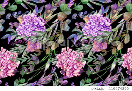 Summer pattern with hydrangea flowers drawn in pencil and watercolor for textiles and design 116974890
