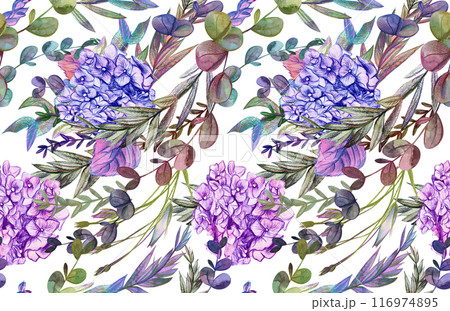 Summer pattern with hydrangea flowers drawn in pencil and watercolor for textiles and design 116974895