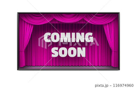 Coming Soon poster with stage curtains 3D illustration 116974960