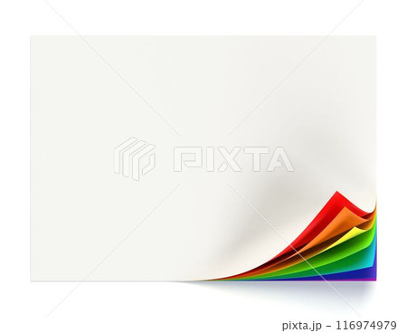 White document mock up with rainbow colored curled corner White document mock up with rainbow colored curled corner 116974979